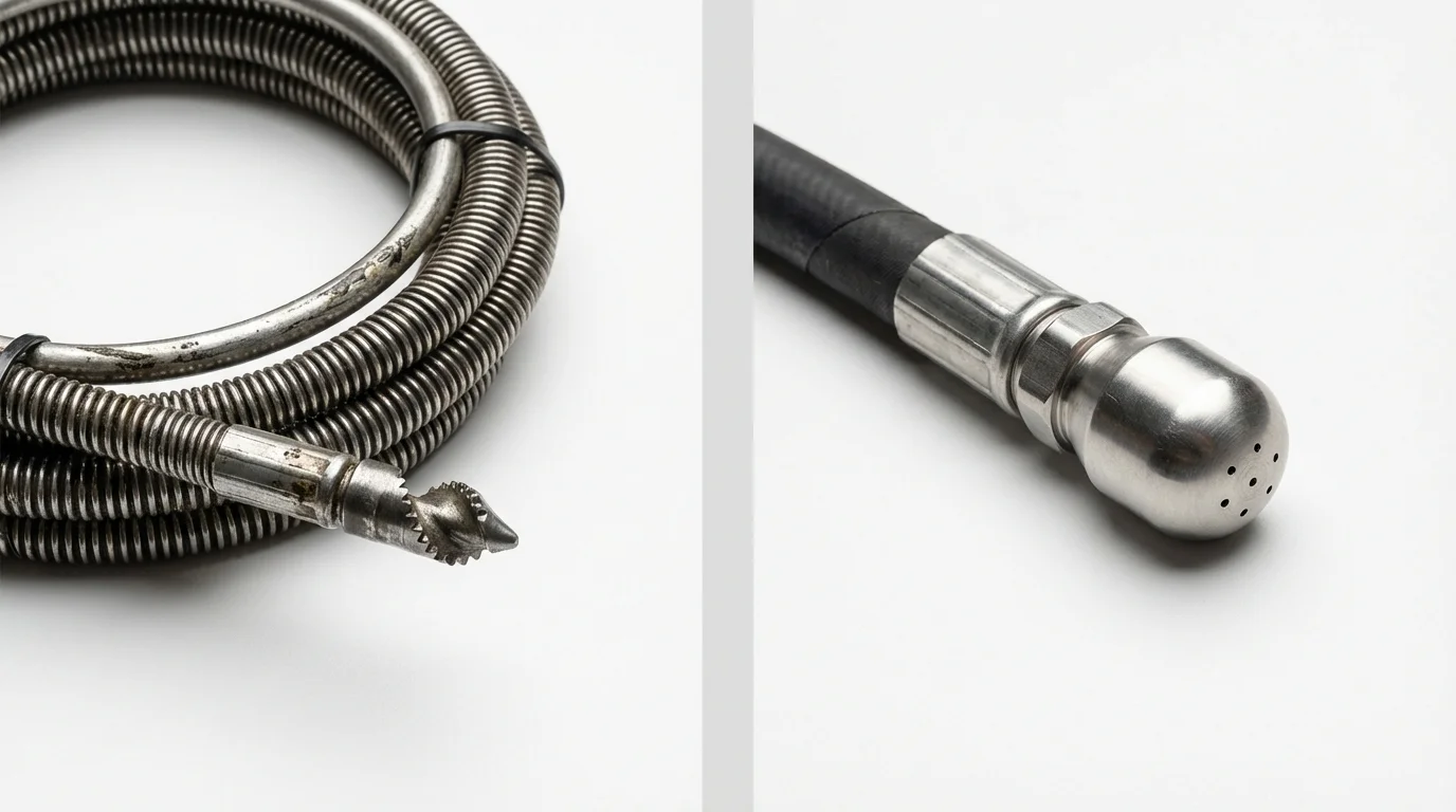 Drain snake cable and hydro jetting nozzle used for drain cleaning in Daingerfield, TX