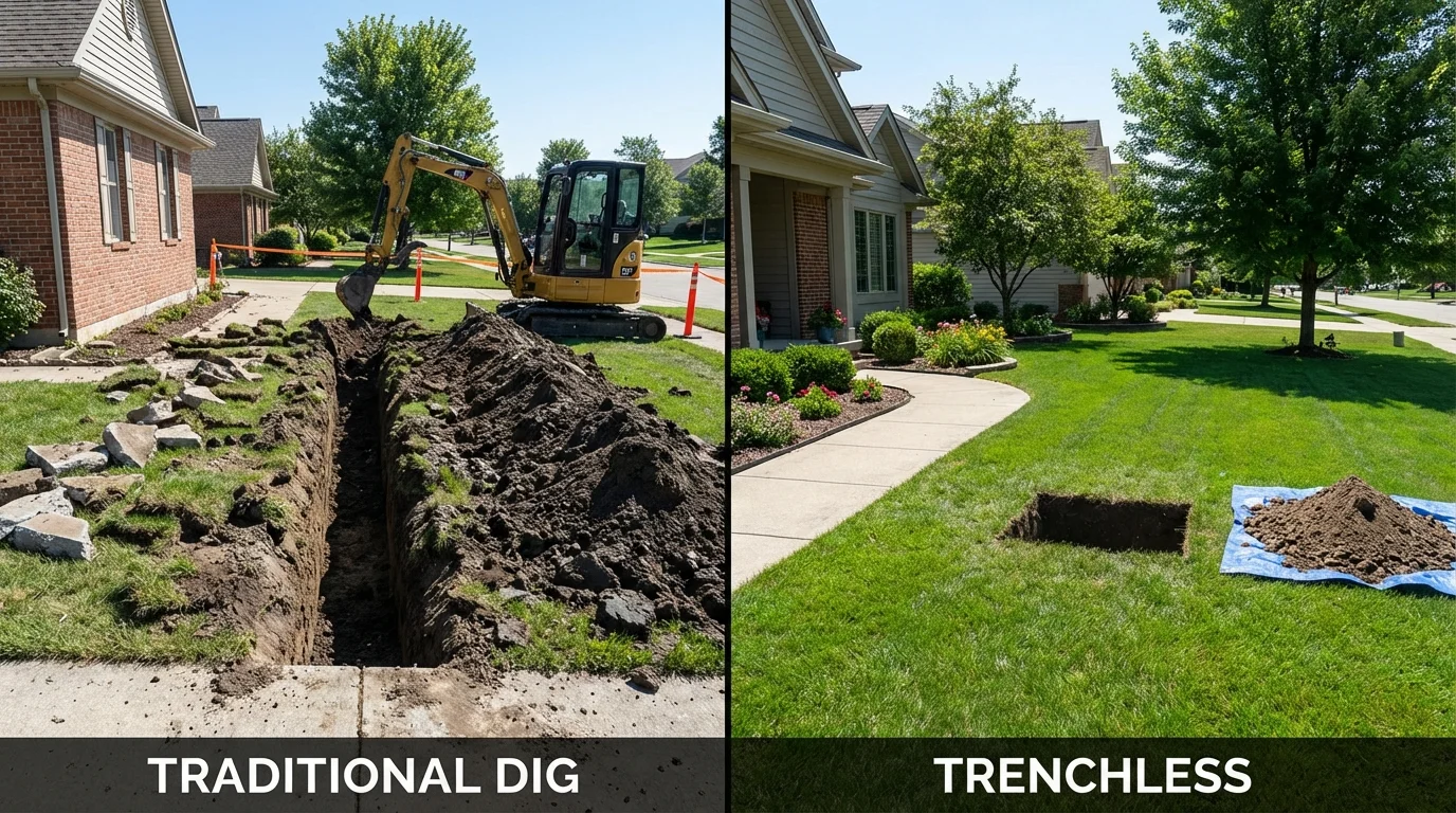 Trenchless sewer repair with minimal yard damage versus traditional excavation in Daingerfield, TX